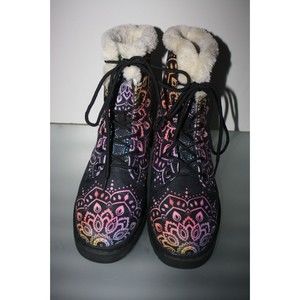 Yes We Vibe Vegan Leather  Women's Boots Chakra Love Sz 11 Black Mandala Print